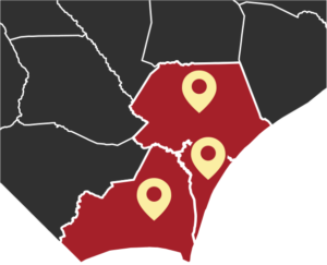 Map of Eastern North Carolina showing New Hanover, Brunswick and Pender County where KlimbPro offers tree removal services
